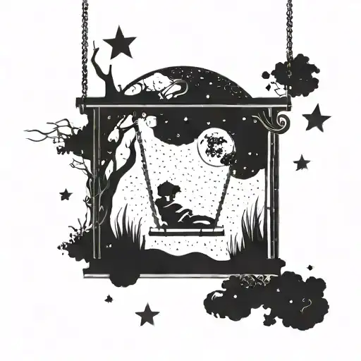 A Swing Under A Starry Night Sky With A Crescent Moon Hanging Low