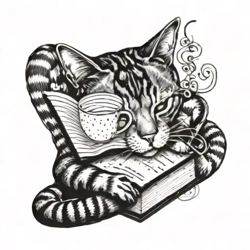 A Tattoo Design Featuring A Cat Curled Up With A Book Surrounded By Musical Notes And Coffee Cups