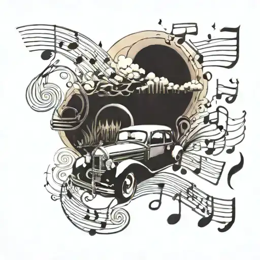 A Vintage Car Driving Into A Sunset With Music Notes Floating Around It