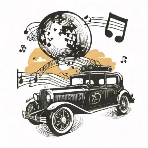 A Vintage Car Driving Into A Sunset With Musical Notes Trailing Behind It