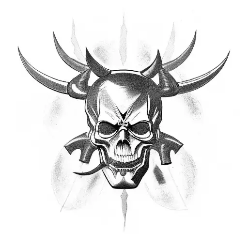 A Black-red Skull With Two Knives In The Head In The Form Of Horns