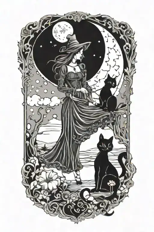 Black Cat And Witch In Love Under A Full Moon