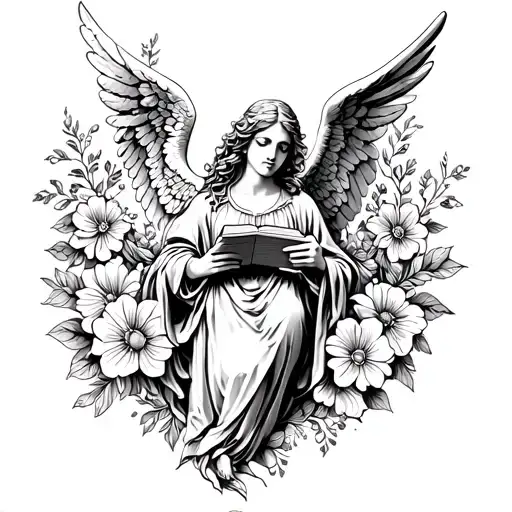 Angel Holding A Book Surrounded By Bold Floral