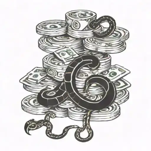 A Blackwork Tattoo Design Featuring A Stack Of Money Intertwined With A Snake