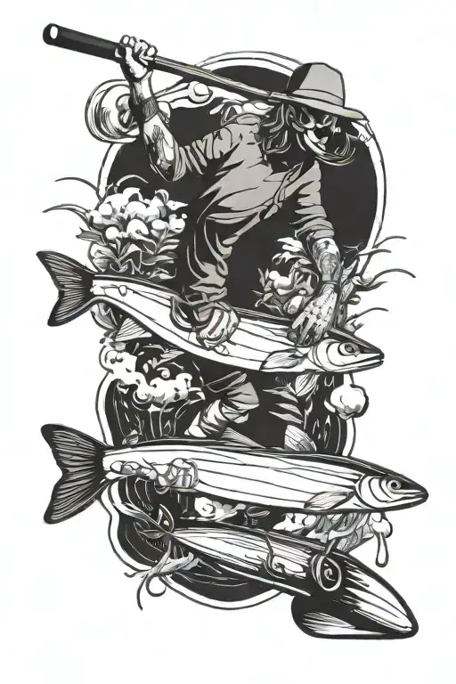 Flyfishing Rod Casting Line Tattoo Longboard Surfer