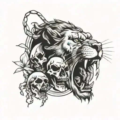 Lion With Legs Hanging Out Of Mouth With 2 Skulls In Background