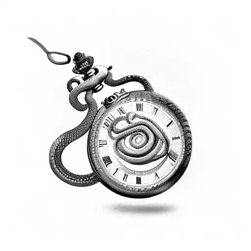 Snake Coiled Around A Pocket Watch With Roman Numerals