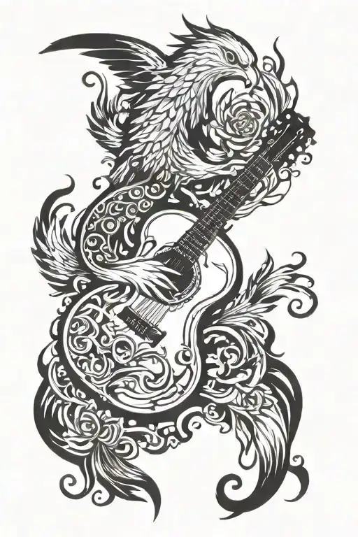 Incorporate A Guitar And A Phoenix Intertwined In A Harmonious Design