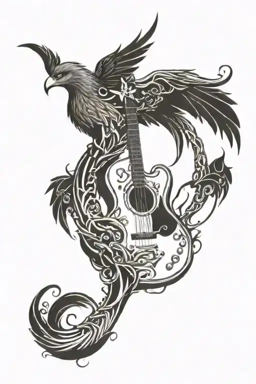 Incorporate A Guitar And A Phoenix Intertwined In A Harmonious Design