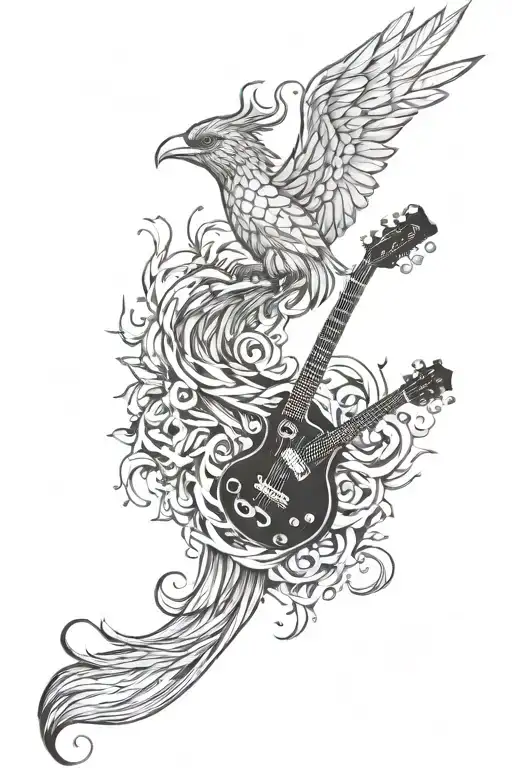 Incorporate A Guitar And A Phoenix Intertwined In A Harmonious Design