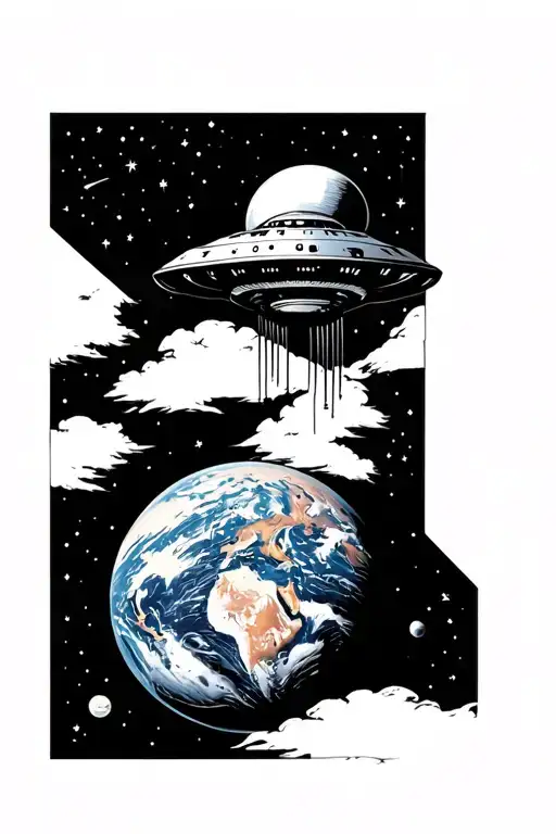 Engraving In Rhombus Alien Humanoid Ufo Above Earth Planet