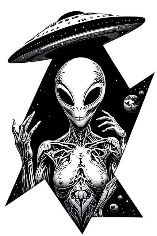 Engraving In Rhombus Alien Humanoid Ufo Above Earth Planet Black And White