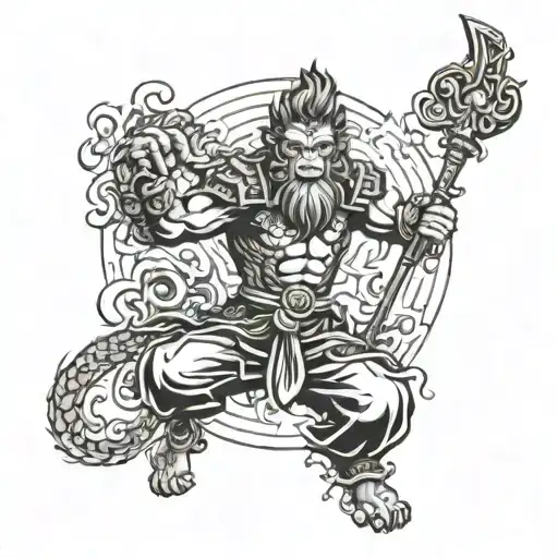Sun Wukong With A Staff And Yin Yang Symbol Surrounded By Waves