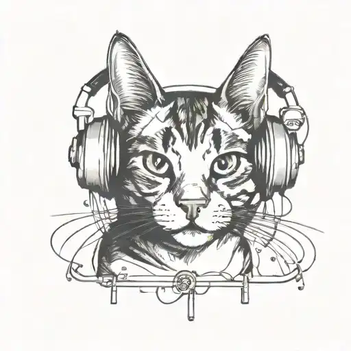 A Minimalistic Tattoo Featuring A Cat Listening To Music