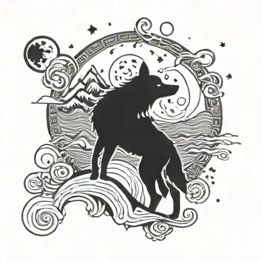 A Nordic-inspired Wolf Howling At The Moon Surrounded