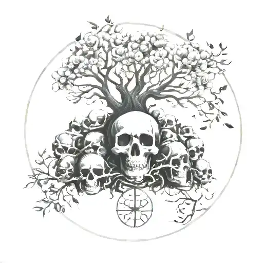 Flowering Tree Of Life Atop A Mound Of Many Skulls Encased In A Circle