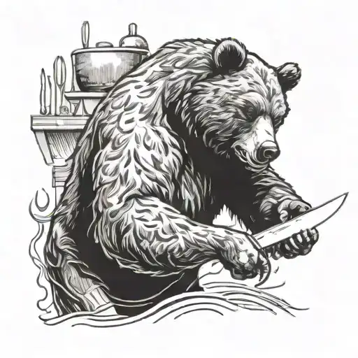 A Menacing Bear Wielding A Sharp Kitchen Knife In A Horror-themed Kitchen Scene