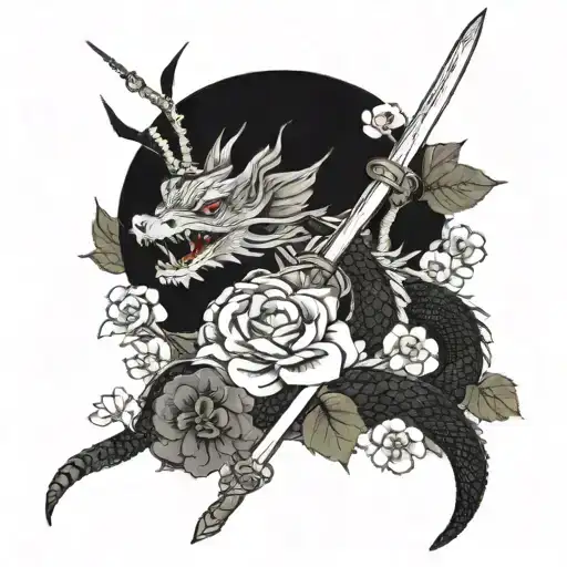 Japanese Dragon With Flowers And Katana
