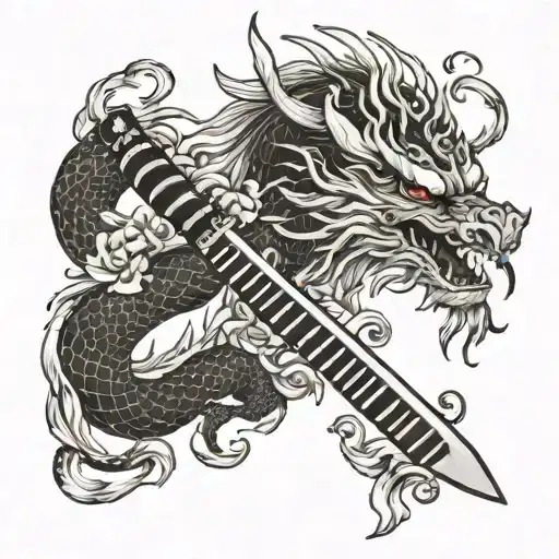 Japanese Dragon With Flowers And Katana