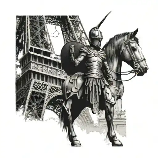 A Spartan Warrior Standing In Front Of The Eiffel Tower In Paris