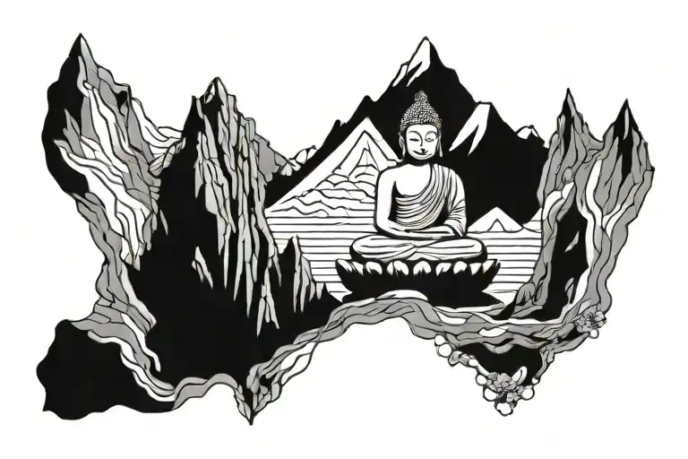 Buddha And Mountains With Budhhist Flags