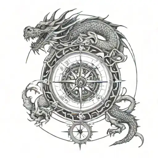 Compass With All Direction Surrounded By Asian Dragon With Their Pearl