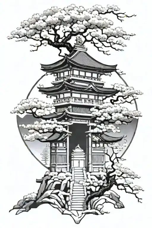 Japanese Super Tall Temple Surrounded By Cherry Blossom Tree