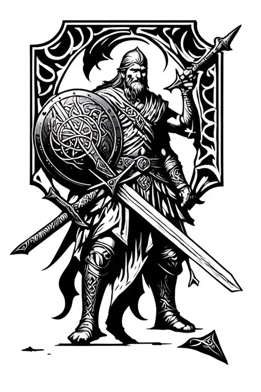 Celtic Warrior Wielding A Sword And Shield