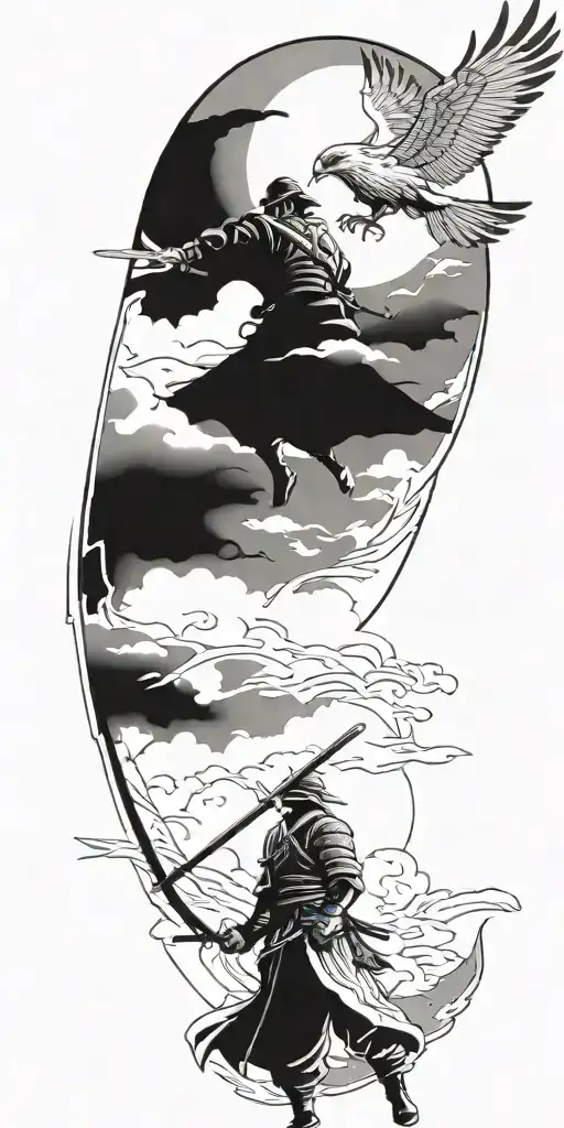 A Tattoo Of A Samurai Warrior With A Hawk Flying Above In A Gta Style