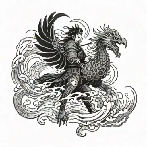 A Fierce Samurai Warrior Battling A Mythical Phoenix In A Japanese Style