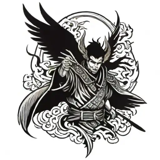 A Samurai Warrior With A Phoenix Rising From The Ashes Behind Them