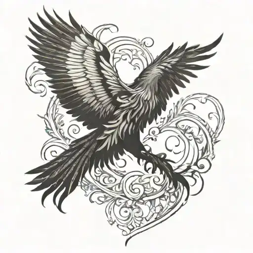 A Phoenix Rising From The Ashes With Intricate Blackwork Details