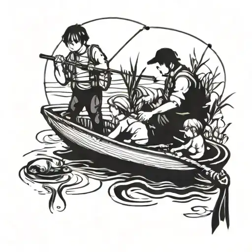 Man Fishing With Three Children