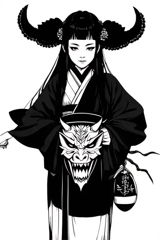 Girl In Traditional Kimono Holding Demon Mask