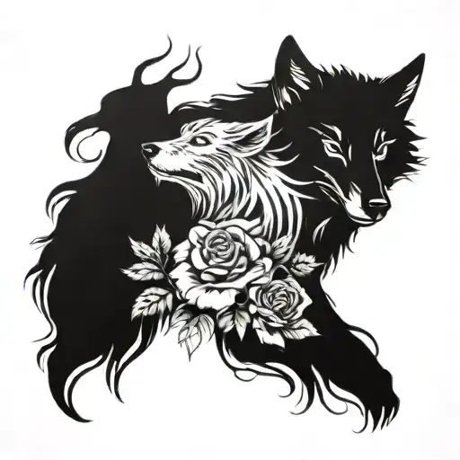 A Beautiful Rose Intertwined With A Wolf's Silhouette In A Windy Forest