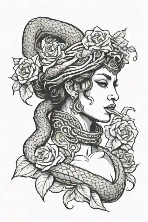 A Sketch-style Portrait Of A Snake Charmer Surrounded By Roses