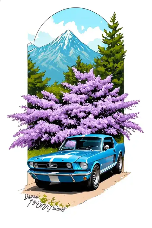 Blue 1966 Mustang Coup With Mountains In The Background And A Lilac Bush To The Side