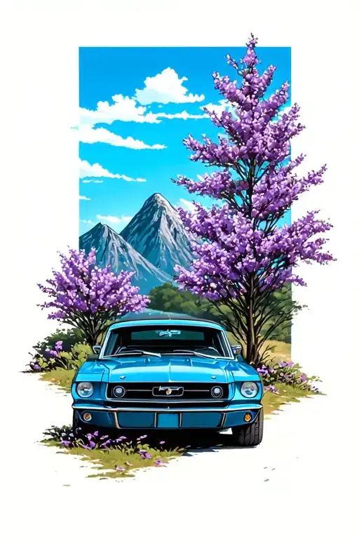 Blue 1966 Mustang Coup With Mountains In The Background And A Lilac Bush To The Side