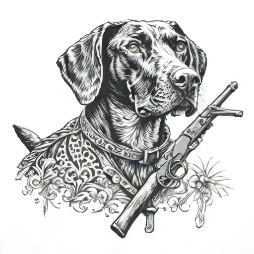 A Blackwork Tattoo Of A German Shorthair Pointer With A Hunting Rifle In Its Mouth