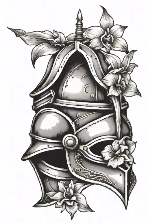 Knight Helmet With Orchid Flower Engraved And A Sunset