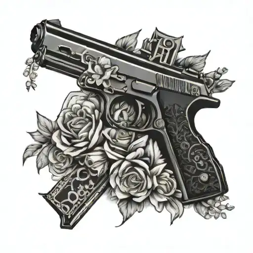 A Gun And Money Motif Intertwined With Delicate Flowers