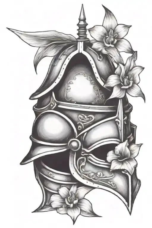 Knight Helmet With Orchid Flower Engraved And A Sunset
