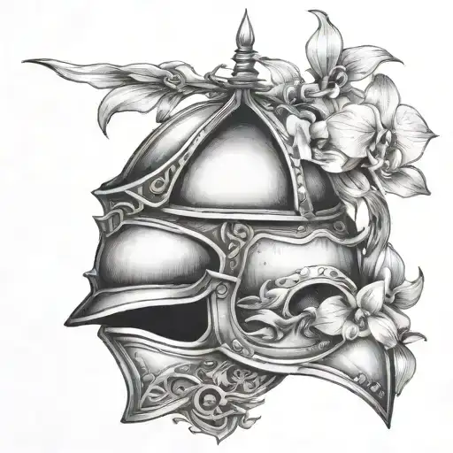 Knight Helmet Adorned With An Orchid With An Engraving Of A Sunset