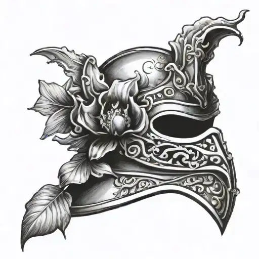 German Knight Helmet Adorned With An Orchid With An Engraving Of A Sunset