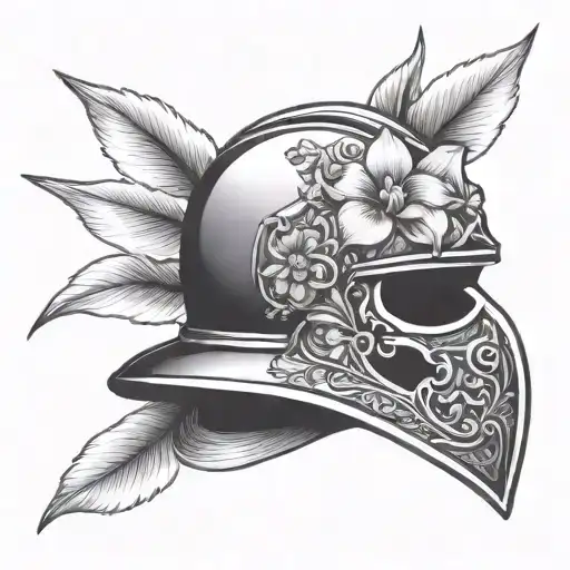 German Knight Helmet Adorned With An Orchid With An Engraving Of A Sunset