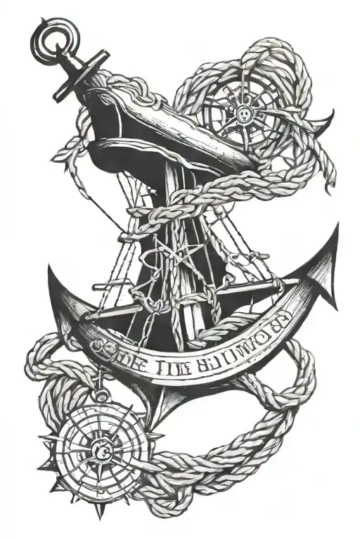 Ship Anchor Intertwined With Rope And Compass Surrounded