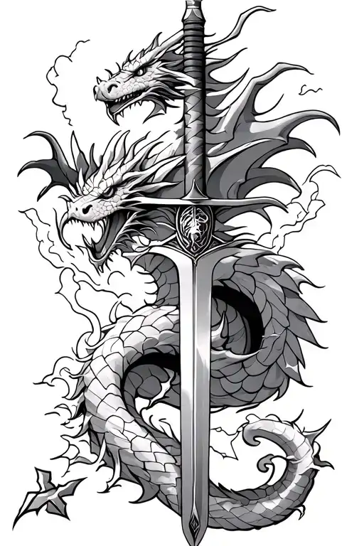 A Dragon Wrapped Around A Straight Sword With Clouds And Lightning