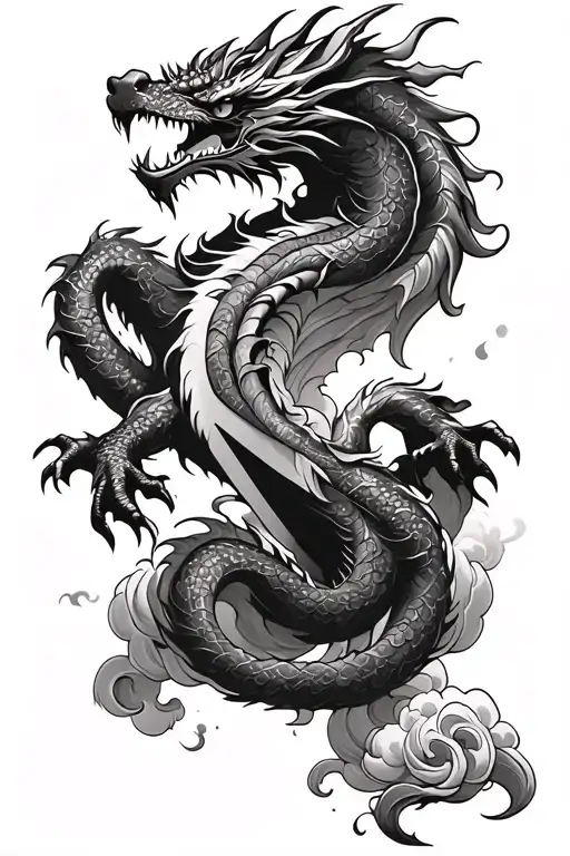 Black Dragon Wrapped Around Sword With Clouds