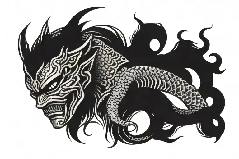 Japanese Warrior Mask Tattoo Side View With Snake