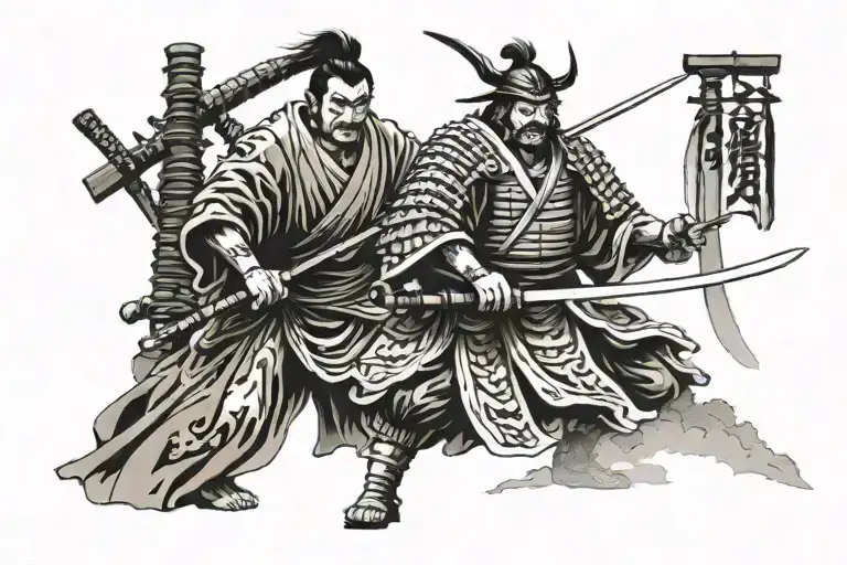 Japanes Samurai Huged By Geisha Holding A Katana And Shrine In The Background